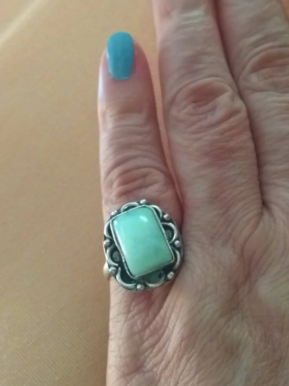 Sz 6.5 ~ Pale Green Amazonite Ring! SilverPlated - Boho Girlie Feminine Festival